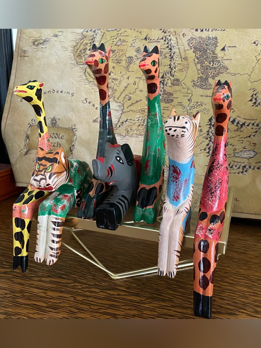 Set of 7 Hand Painted Wood Safari Animal Shelf Sitters Giraffe Tiger Elephant